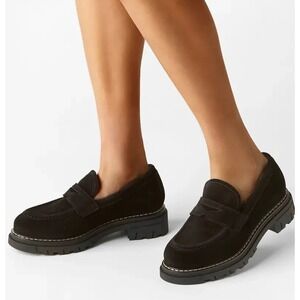 La Canadienne Devin City Dry Platform Loafers Black Suede Shearling Lined US 11